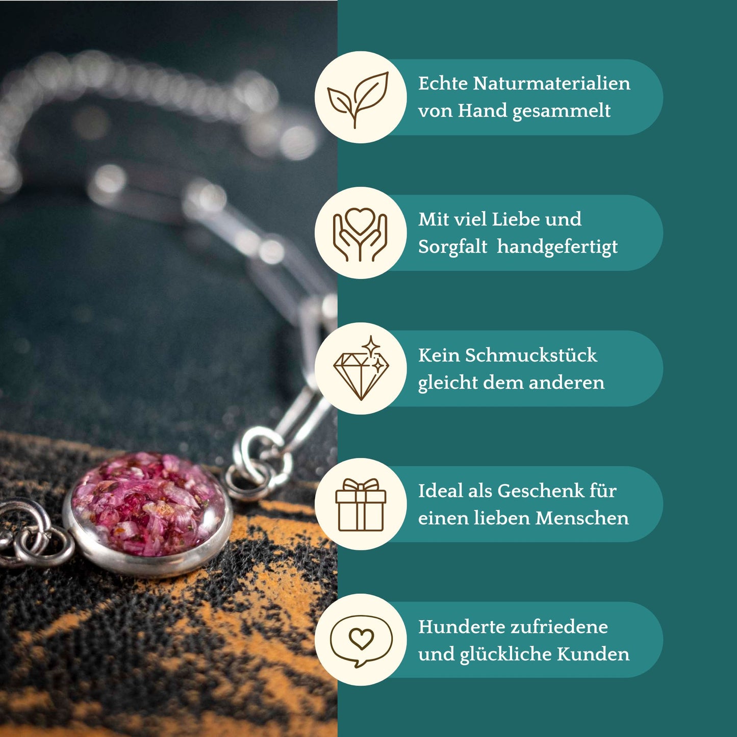 Süßes Armband mit echter Heidekraut Blüte, Edelstahl silberfarben