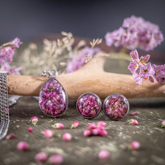 SET Anhänger + Ohrstecker mit Heidekraut Blüten, Edelstahl