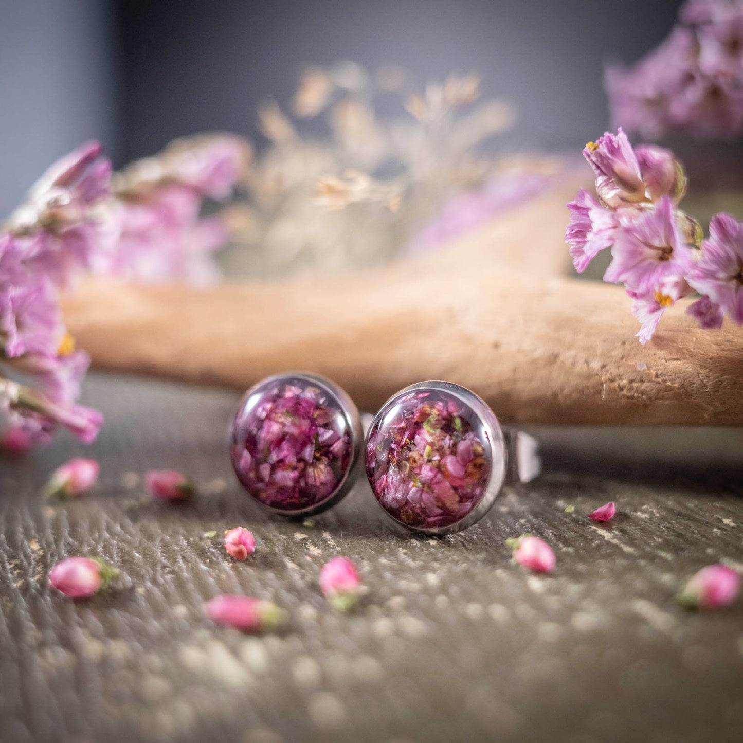 SET Anhänger + Ohrstecker mit Heidekraut Blüten, Edelstahl