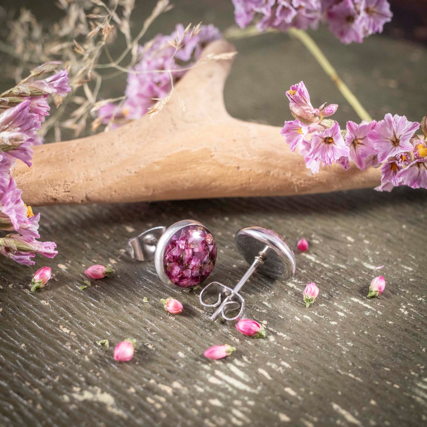 SET Anhänger + Ohrstecker mit Heidekraut Blüten, Edelstahl
