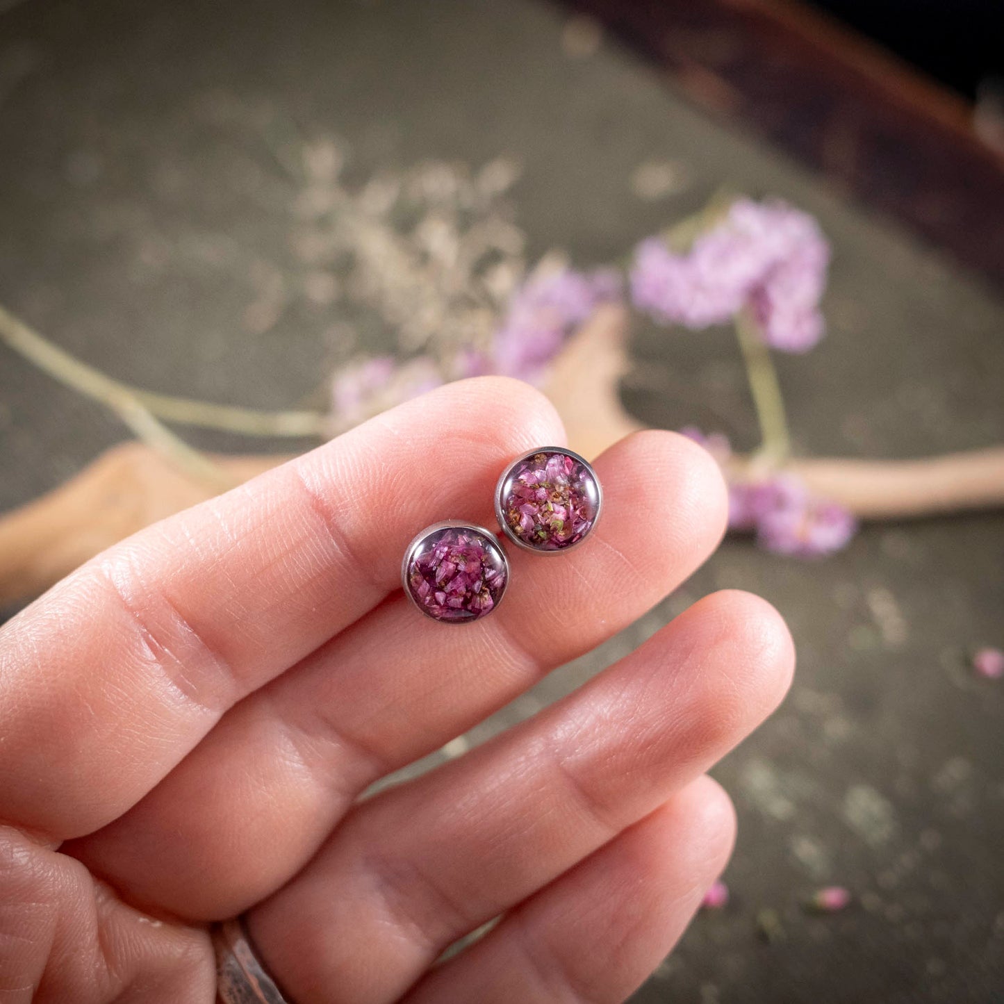 SET Anhänger + Ohrstecker mit Heidekraut Blüten, Edelstahl