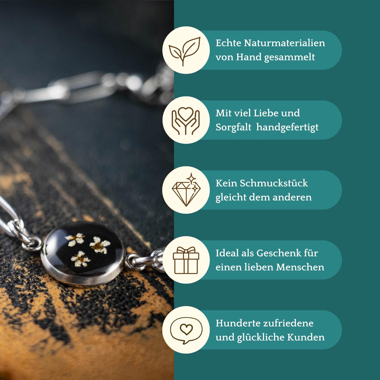 Süßes Armband mit echten Wilde Möhre Blüten, Edelstahl silberfarben