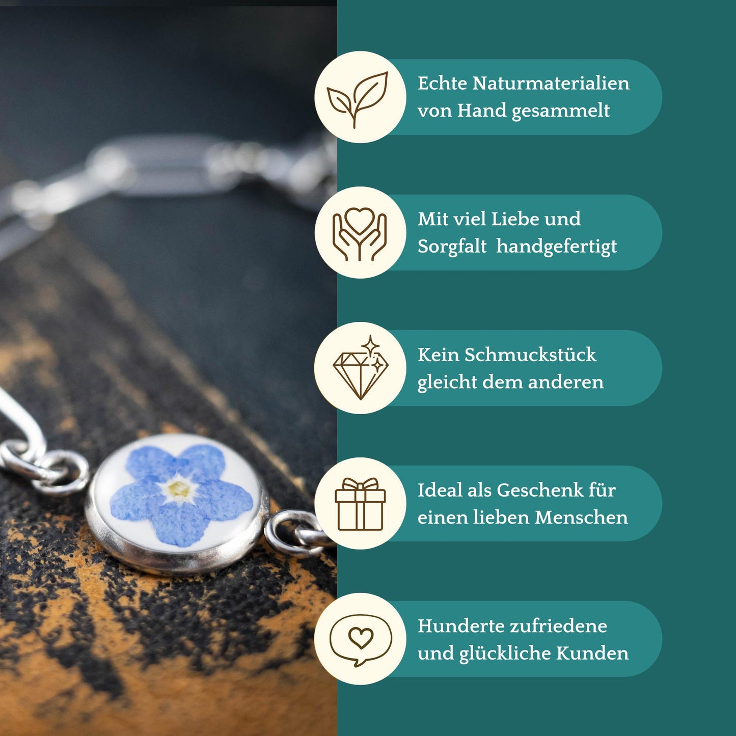 Süßes Armband mit echter Vergissmeinnicht Blüte, Edelstahl silberfarben