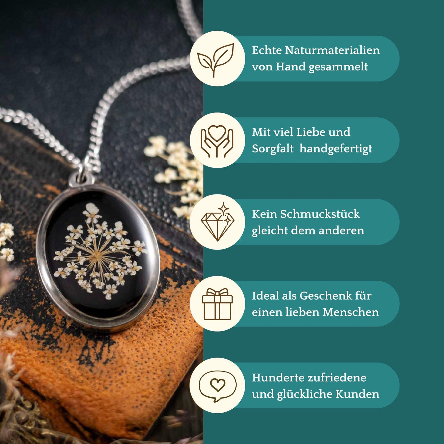 Anhänger mit Wilder Möhre, Edelstahl silberfarben oval