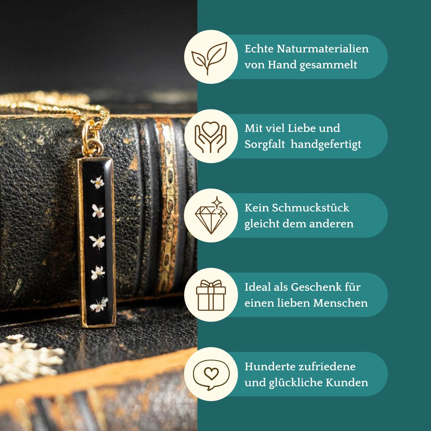 Edler Anhänger mit Wilde Möhre Blüten, Rechteck 24k vergoldet