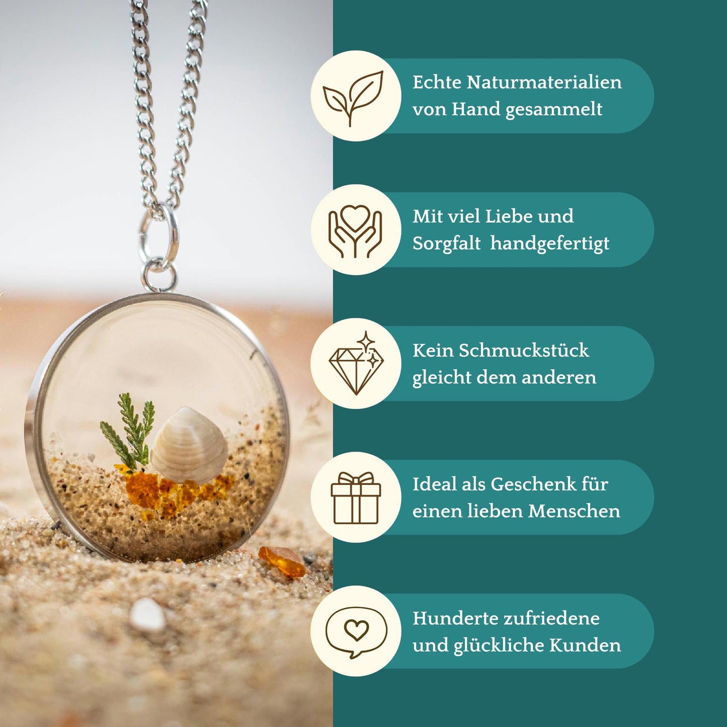 Großer Anhänger mit Ostsee-Fundstücken, Edelstahl silberfarben