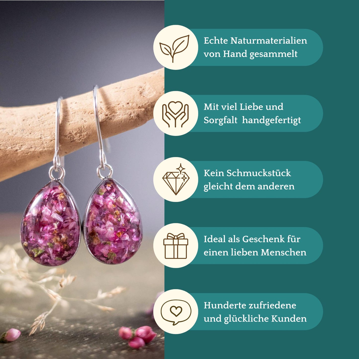 Ohrringe mit Heidekraut, Edelstahl silberfarben
