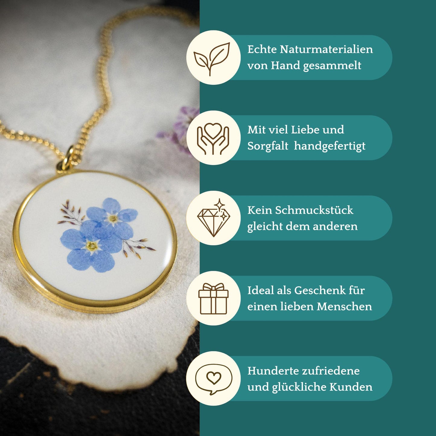 Medaillon mit Vergissmeinnicht und Gräsern, Edelstahl goldfarben