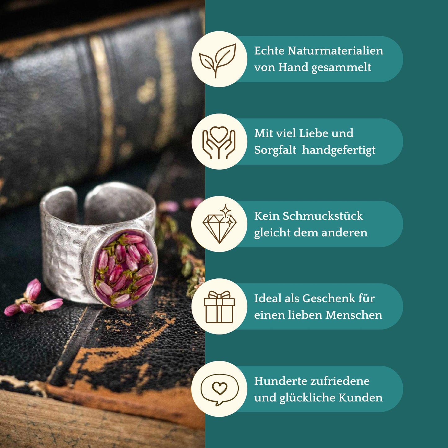 Ring mit Heidekraut Blüten, versilbert