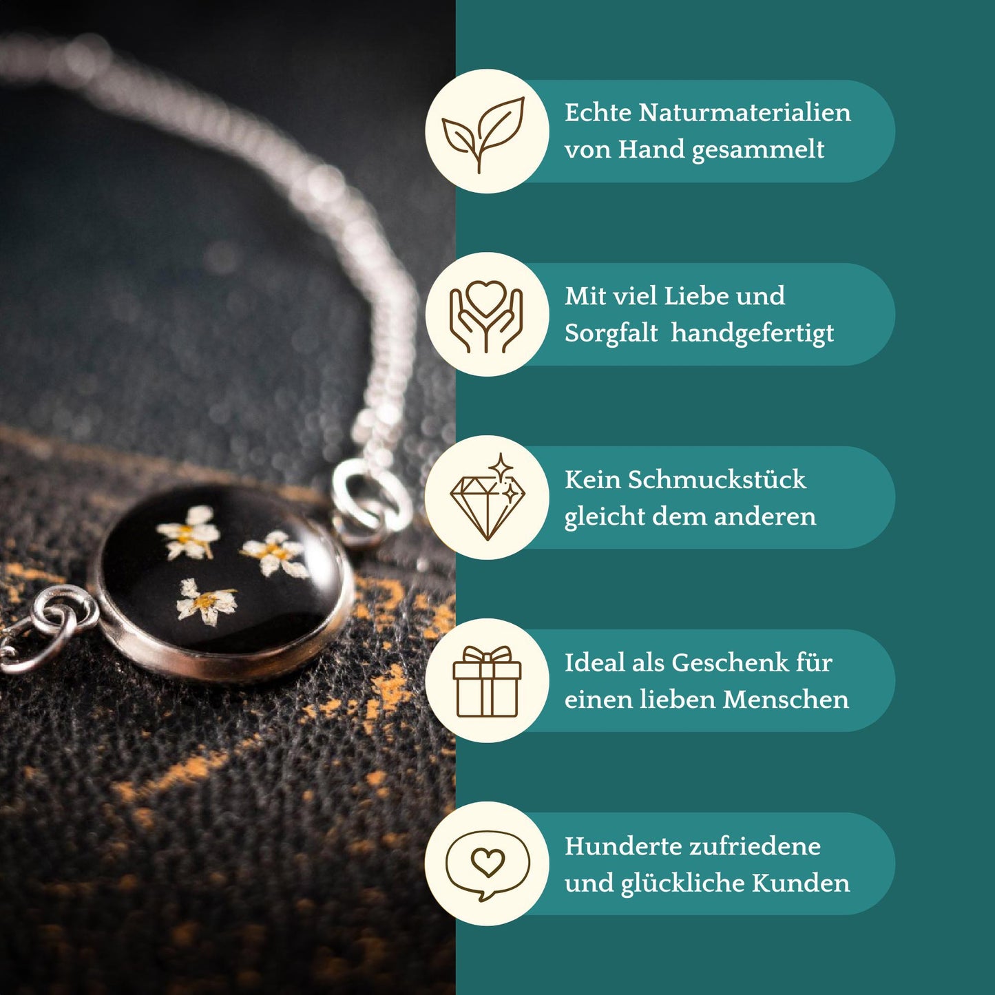 Süßes Armband mit echten Wilde Möhre Blüten, Edelstahl silberfarben