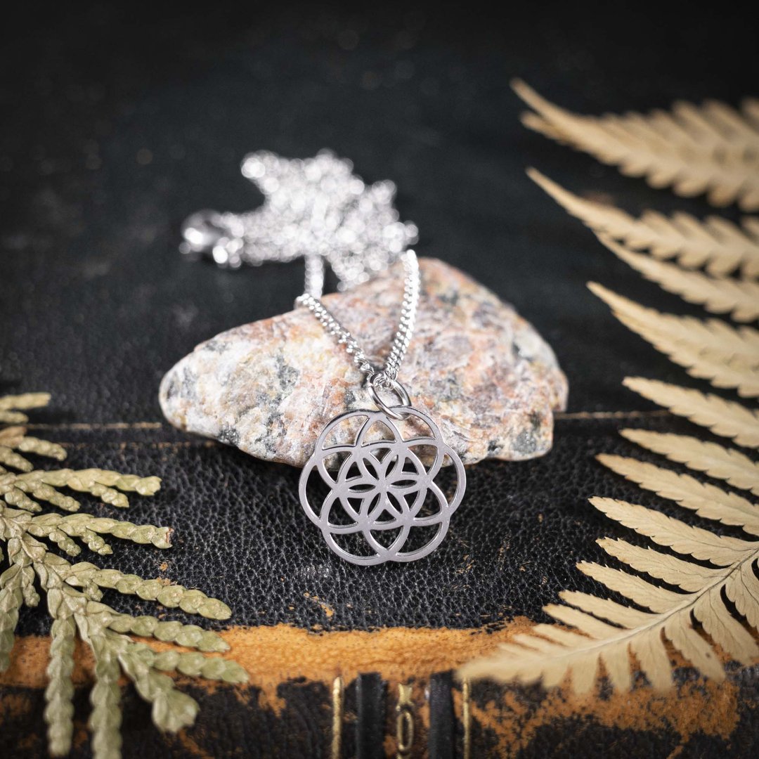 Blume des Lebens Kette, Symbol für Symbol der Harmonie & Unendlichkeit, Edelstahl silberfarben