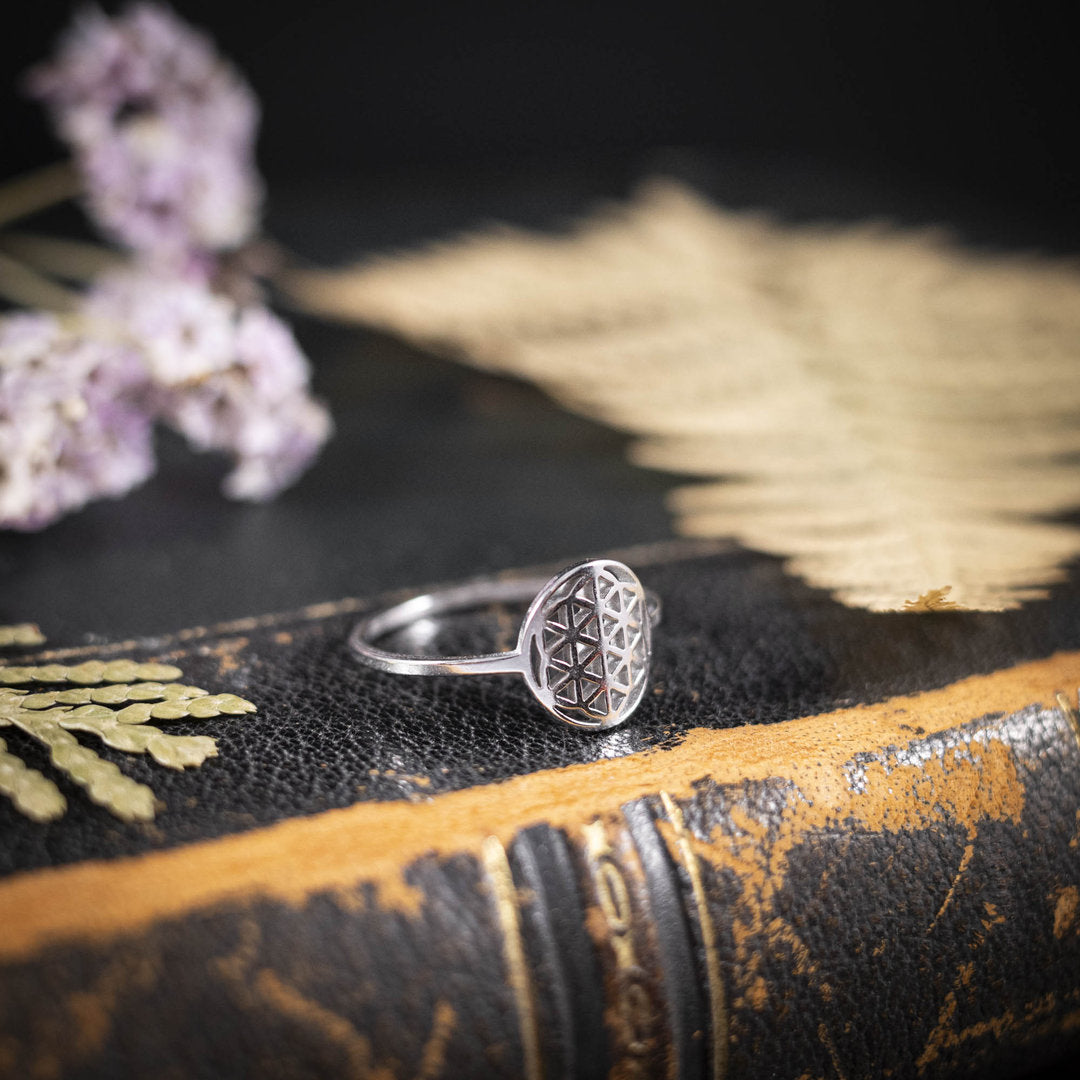 Ring mit Blume des Lebens, Edelstahl silberfarben