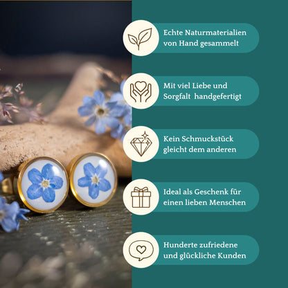 Ohrstecker mit echten Vergissmeinnicht Blüten, Edelstahl goldfarben, 10mm