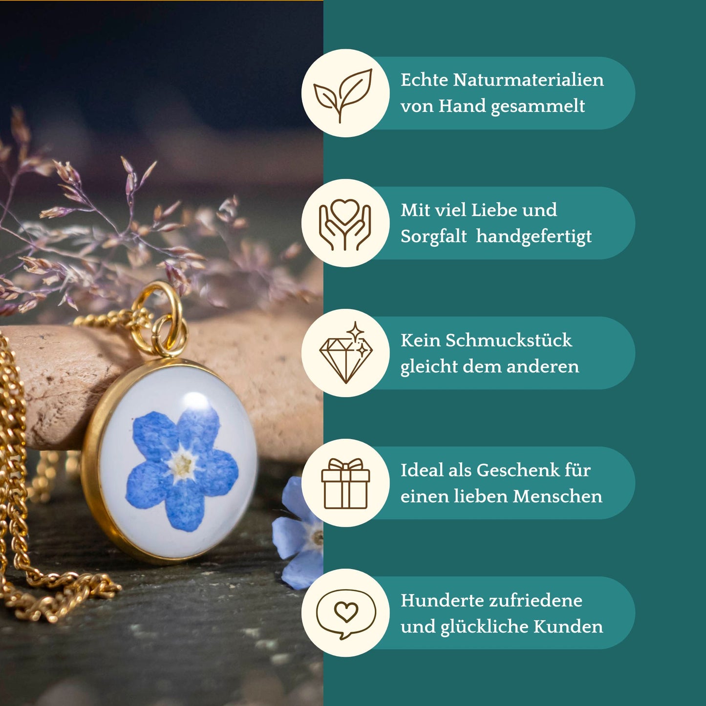 Süßer Anhänger mit Vergissmeinnicht Blüte, Edelstahl goldfarben