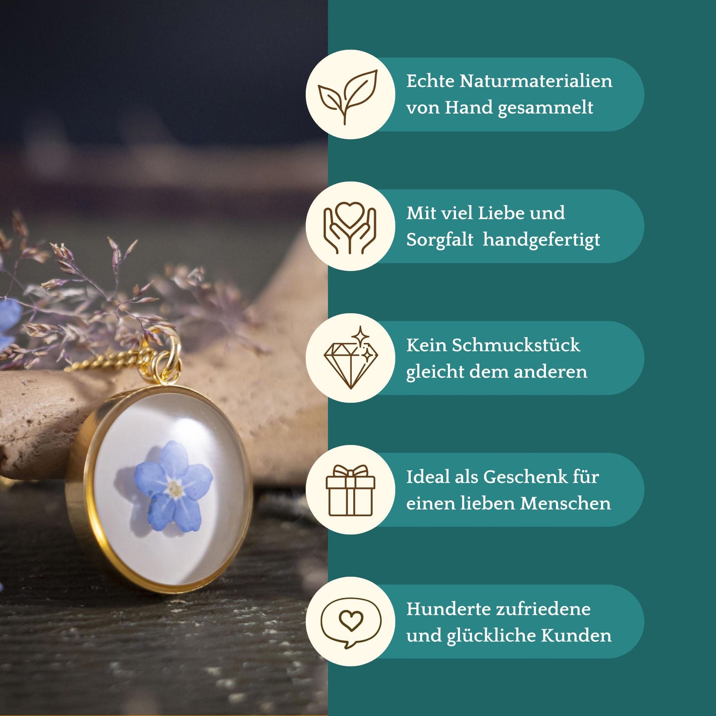 Schöner Anhänger mit Vergissmeinnicht Blüte, Edelstahl goldfarben