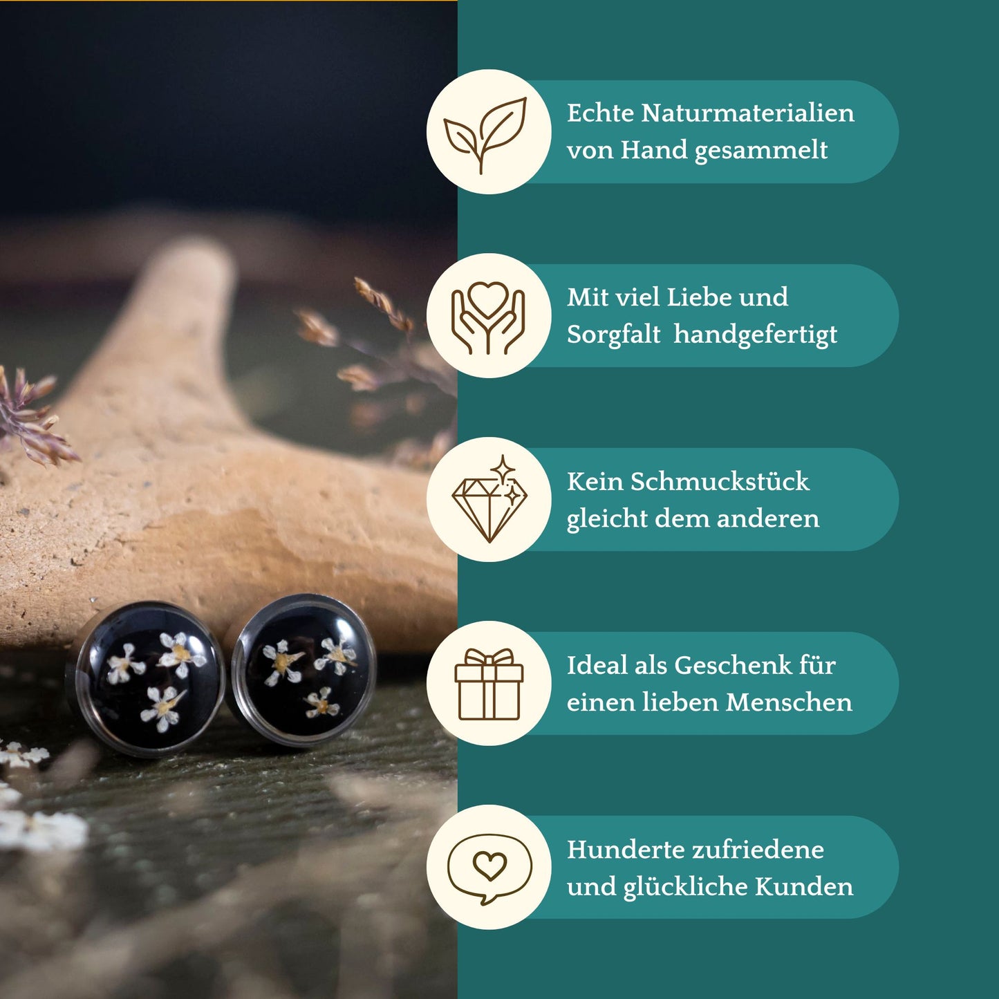 Ohrstecker mit echten Wilde Möhre Blüten, Edelstahl silberfarben, 8mm