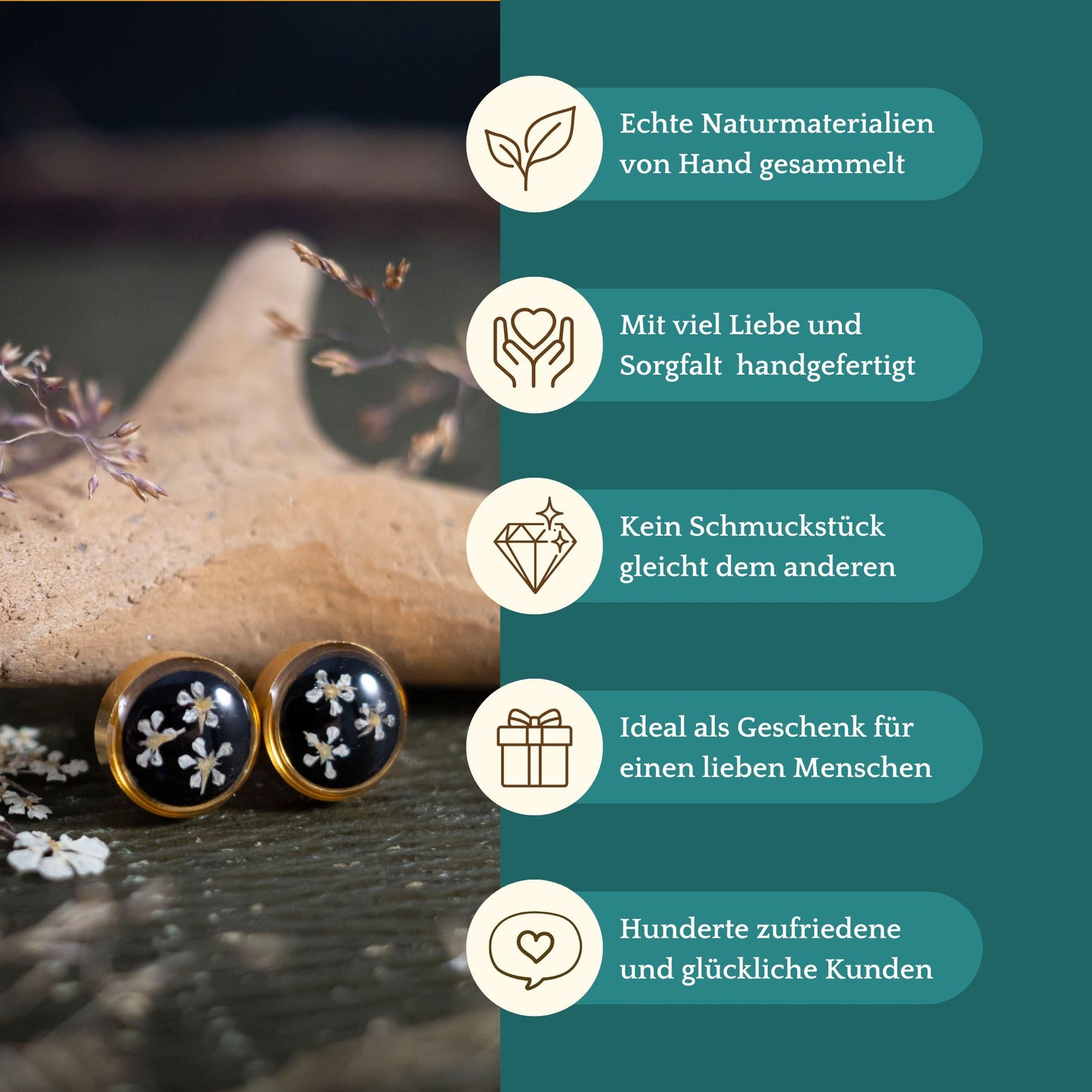 Ohrstecker mit echten Wilde Möhre Blüten, Edelstahl goldfarben, 8mm