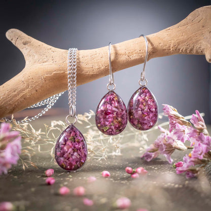 SET Anhänger + Ohrringe mit Heidekraut Blüten, Edelstahl