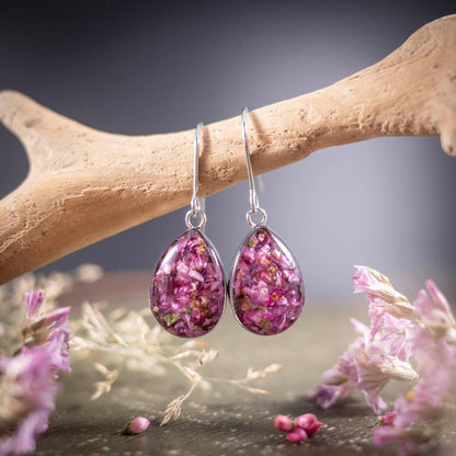 SET Anhänger + Ohrringe mit Heidekraut Blüten, Edelstahl