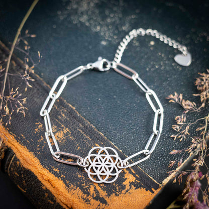 Süßes Armband mit Blume des Lebens, Symbol für Harmonie & Unendlichkeit, Edelstahl silberfarben