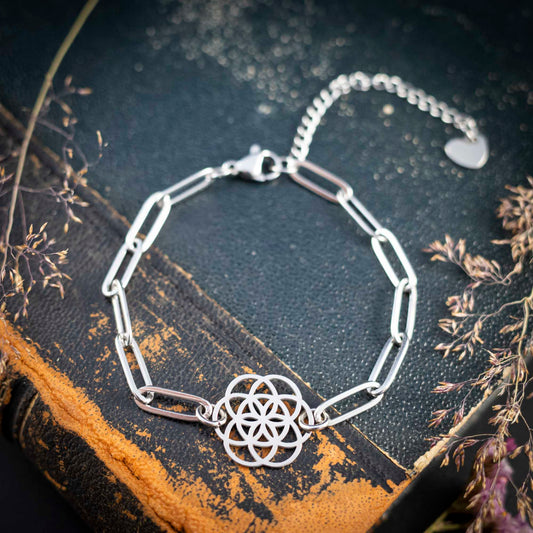 Süßes Armband mit Blume des Lebens, Symbol für Harmonie & Unendlichkeit, Edelstahl silberfarben