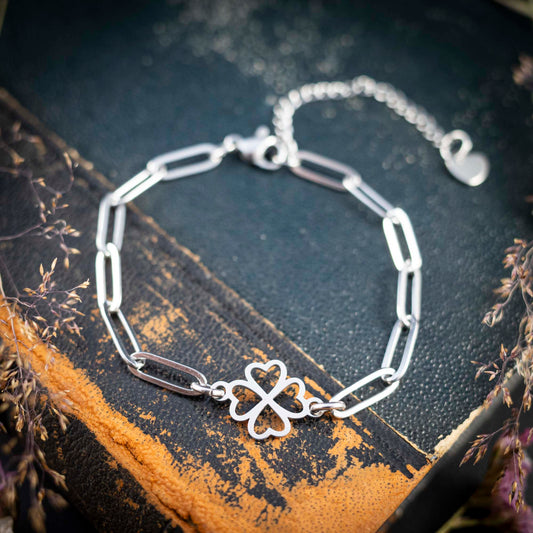 Süßes Armband mit Kleeblatt, Symbol für Glück, Edelstahl silberfarben
