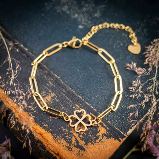 Süßes Armband mit Kleeblatt, Symbol für Glück, Edelstahl goldfarben