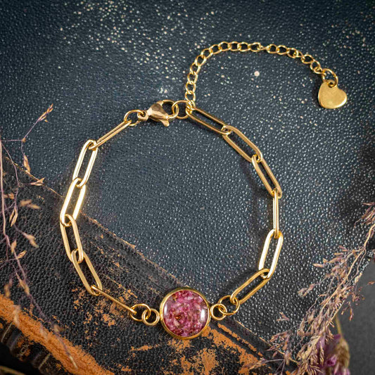 Süßes Armband mit echter Heidekraut Blüte, Edelstahl goldfarben