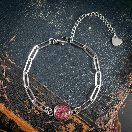 Süßes Armband mit echter Heidekraut Blüte, Edelstahl silberfarben