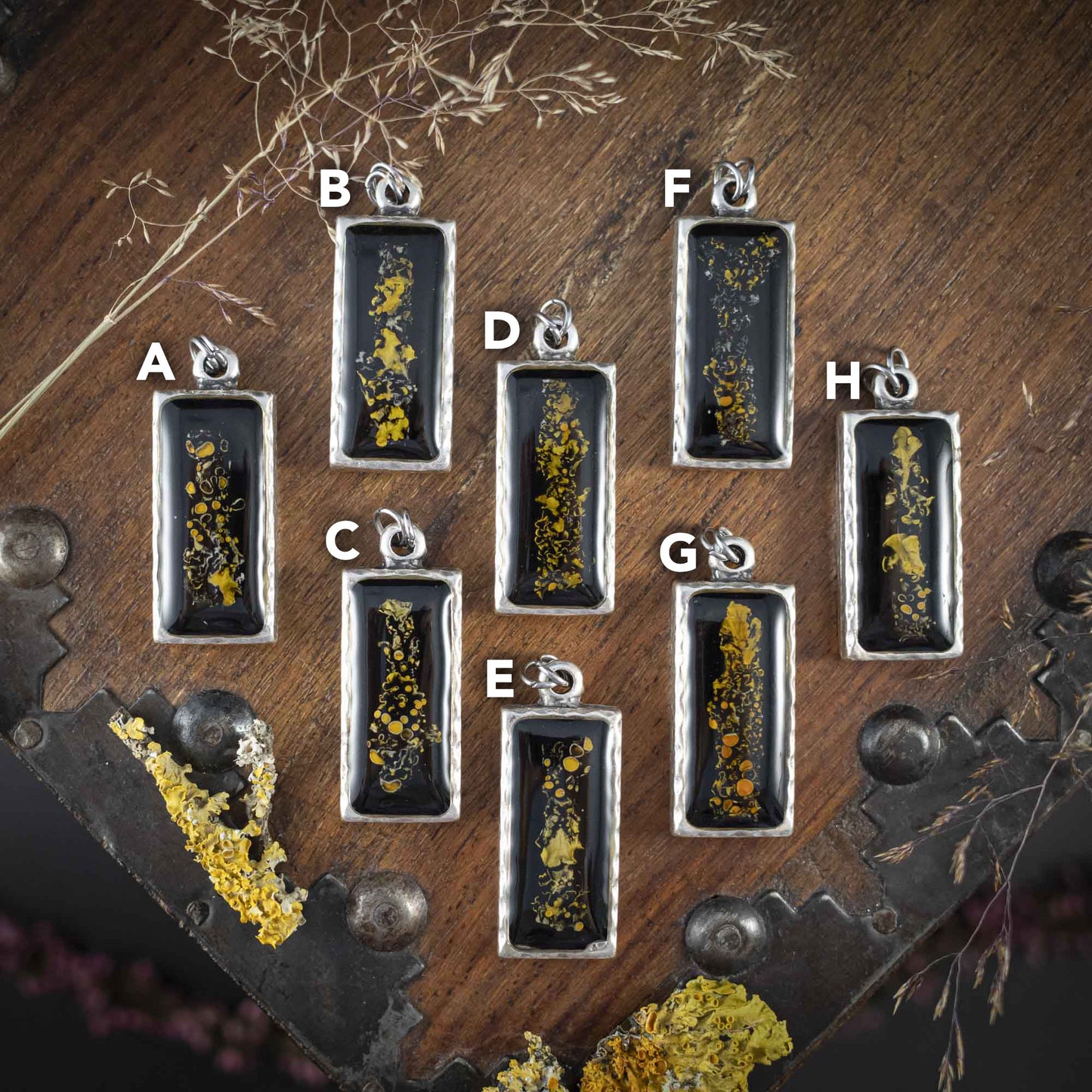 Waldleuchten - Anhänger mit gelber Flechte, rechteckig versilbert