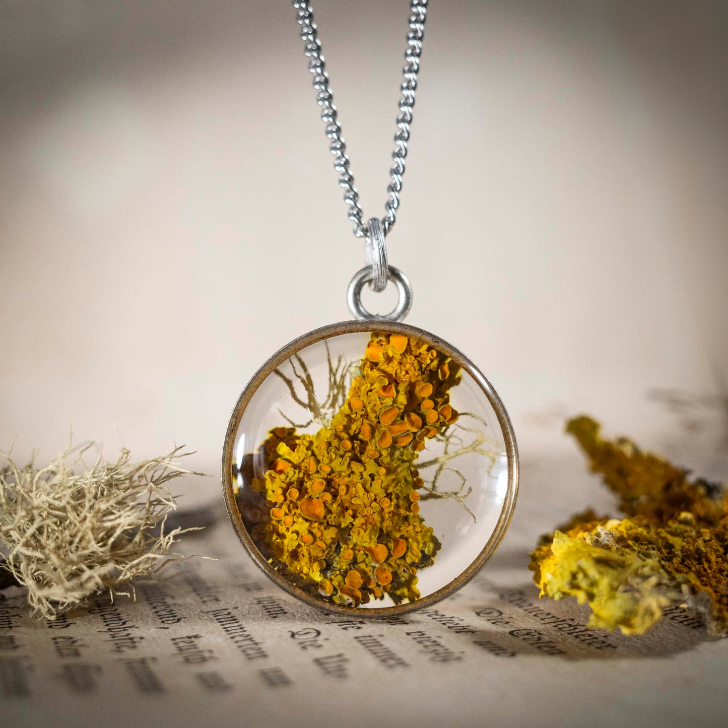 Schätze des Waldes - Anhänger mit Flechte, rund versilbert, #6