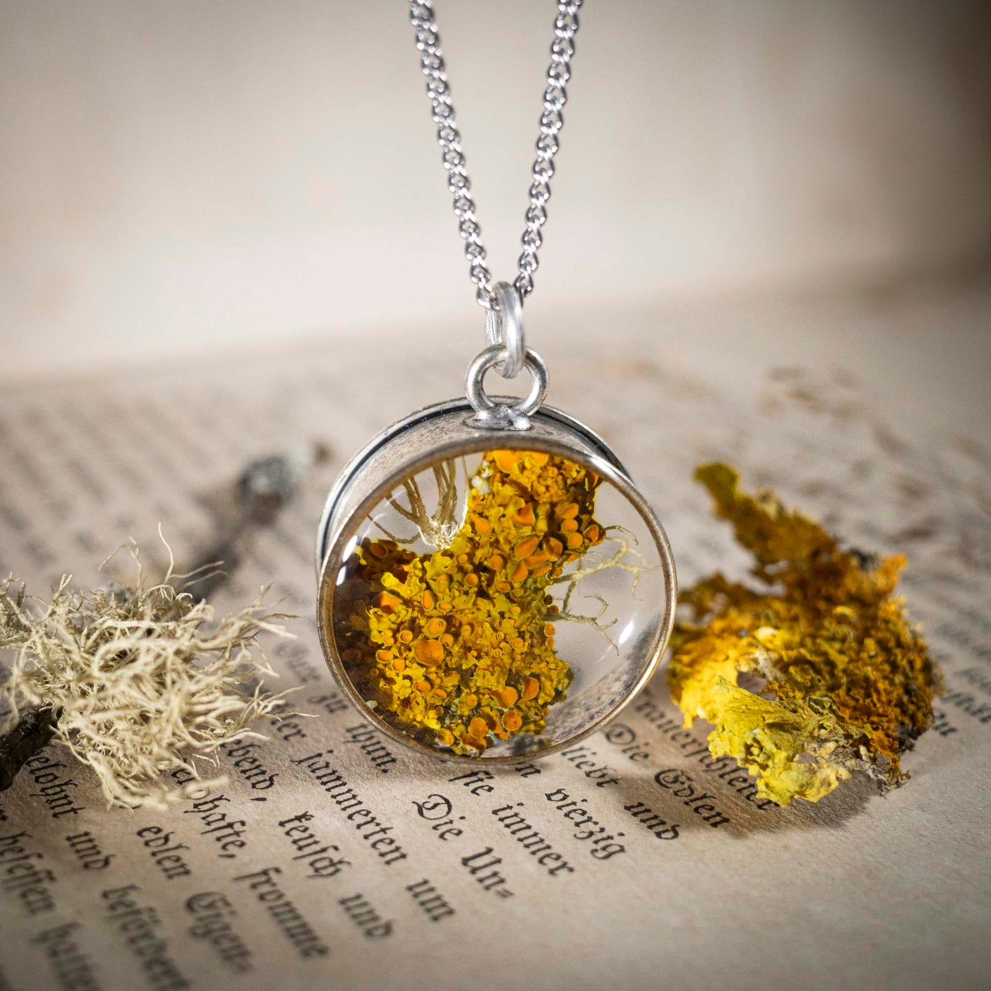 Schätze des Waldes - Anhänger mit Flechte, rund versilbert, #6