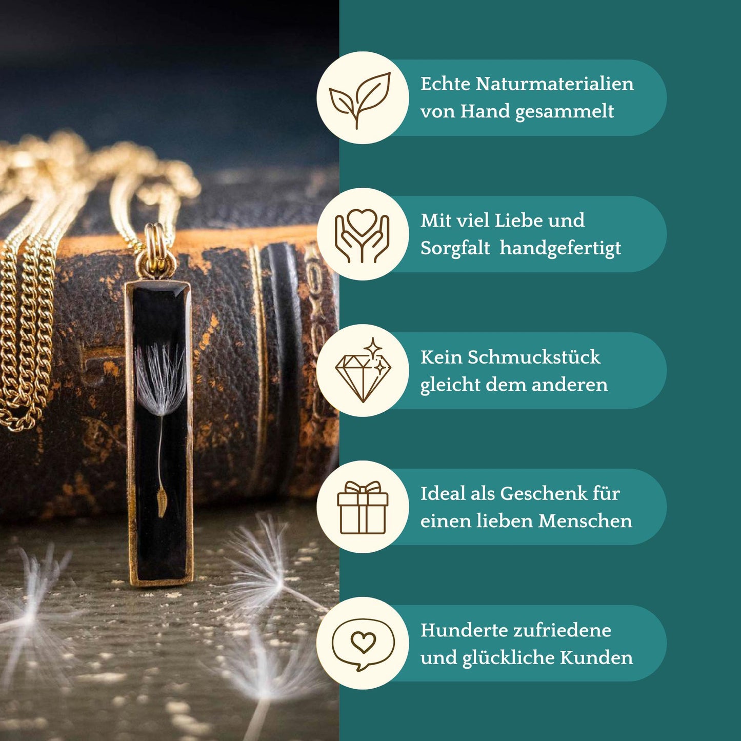 Wünsch dir was - Anhänger mit einem Pusteblumen Samen, 24k vergoldet Rechteck