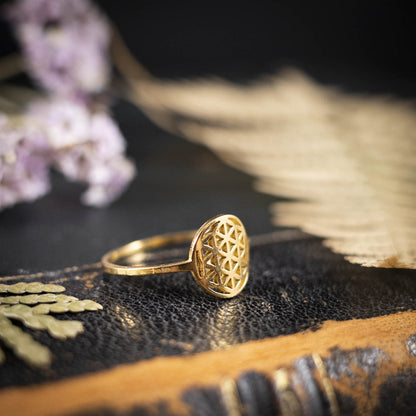 Ring mit Blume des Lebens, Edelstahl goldfarben