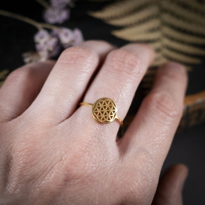 Ring mit Blume des Lebens, Edelstahl goldfarben